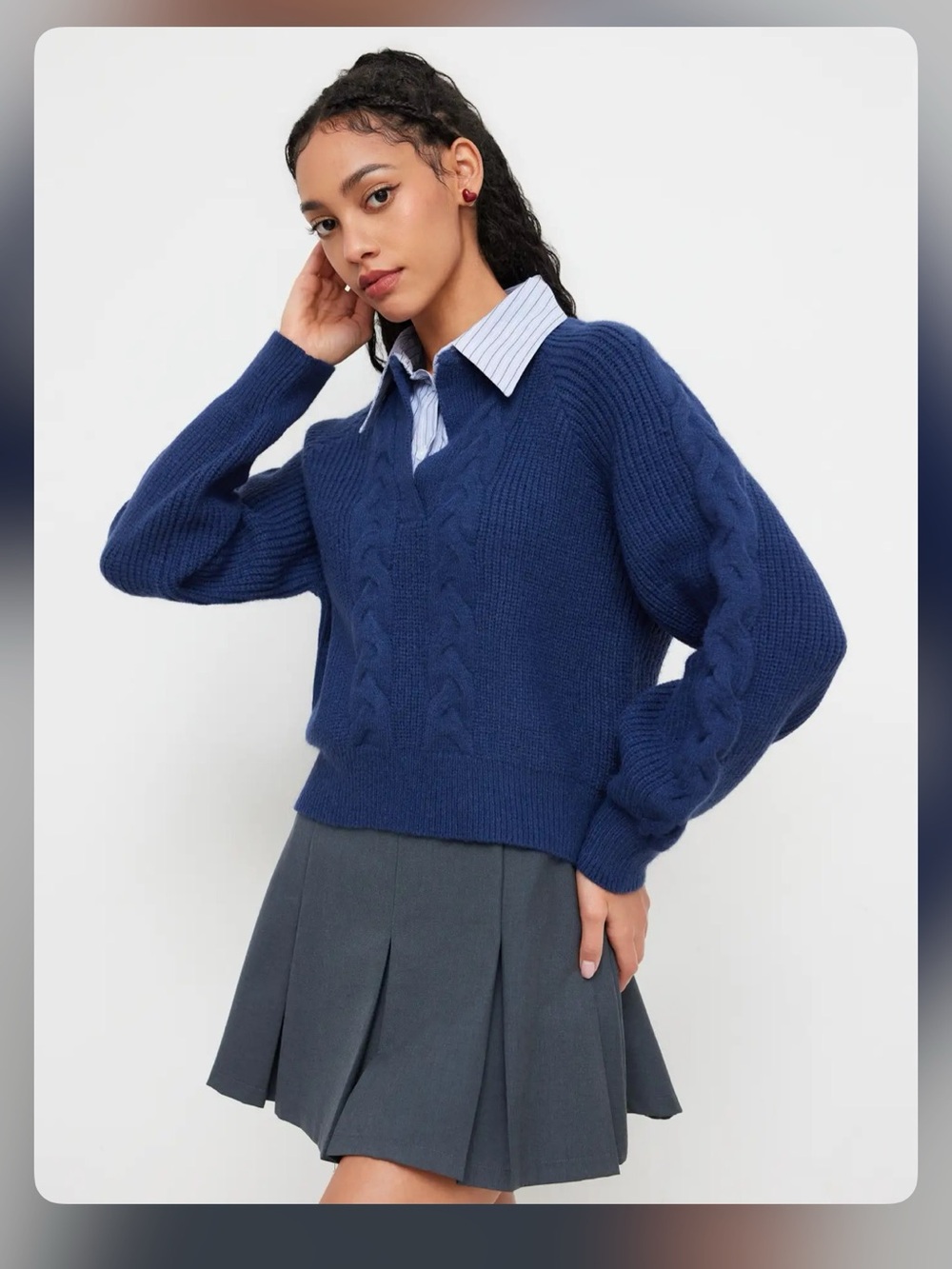 Cider preppy CABLE KNIT COLLAR TWO TONE LONG SLEEVE TOP XXS WC13-8